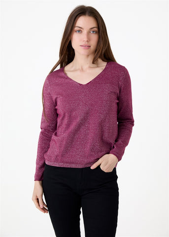 Lurex fitted v neck jumper
